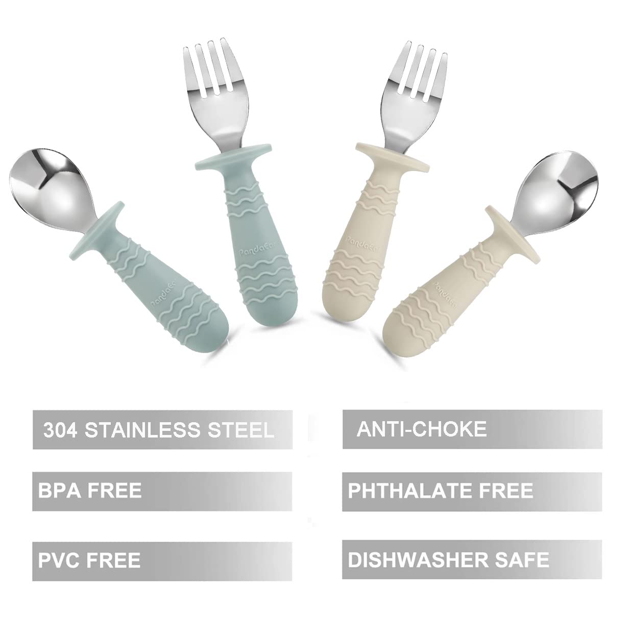 PandaEar 4 Pack Toddler Baby Cutlery Self Feeding Set, Silicone Stainless Steel Utensils Silverware Spoon Fork - Image 3