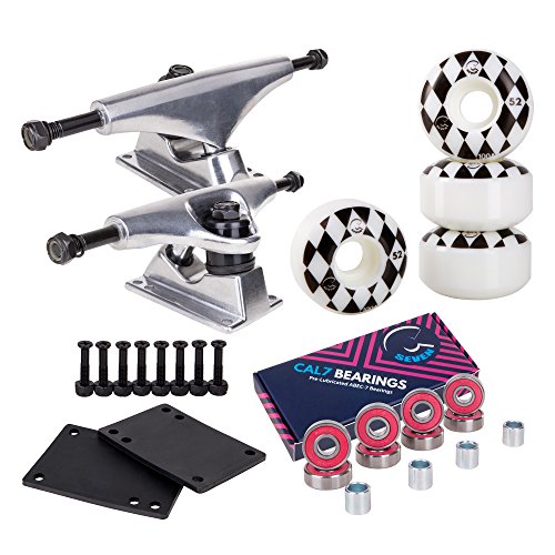 Cal 7 Skateboard Package | Complete Combo Set with 139 Millimeter / 5.25 Inch Aluminum Trucks, 52mm 99A Wheels & Bearings (Silver Truck + White Speedway Wheels)