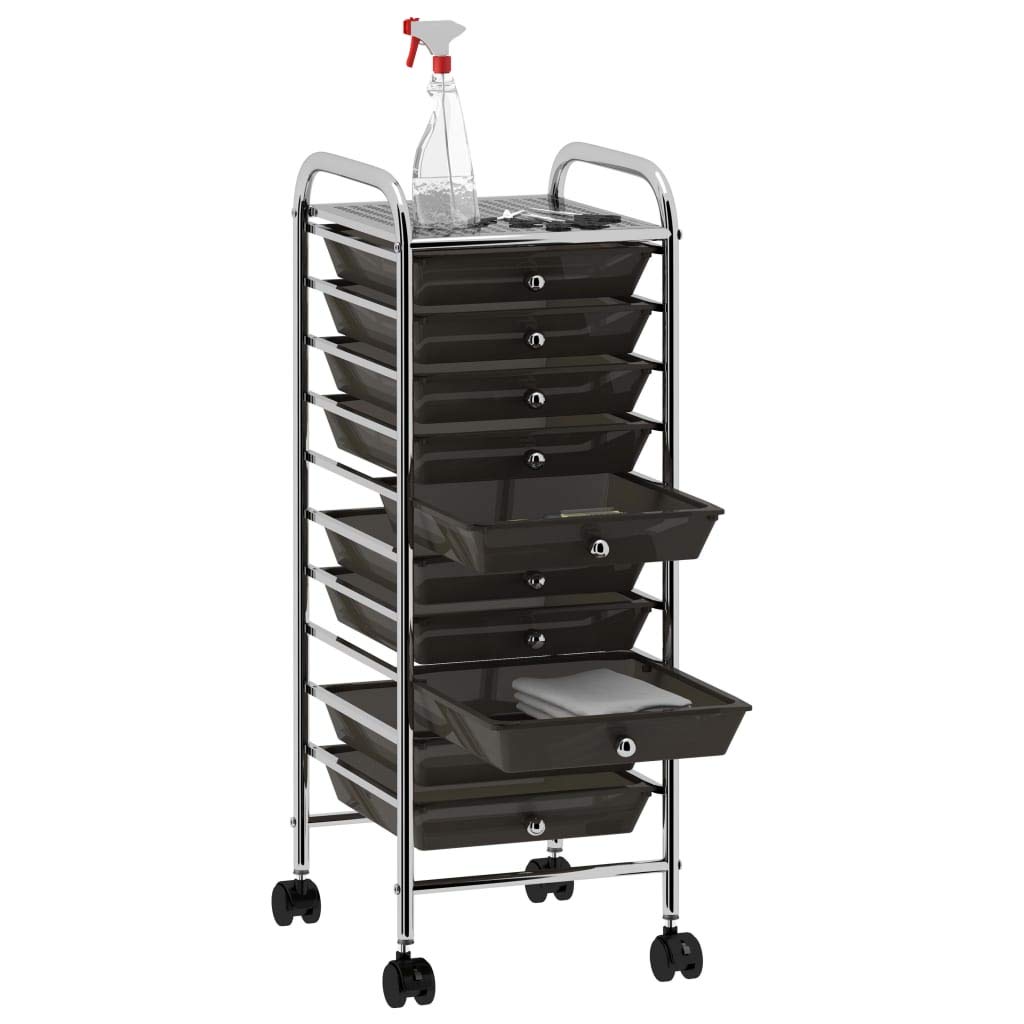Carrello con 10 cassetti in plastica nera, telaio in plastica, 32 x 36,5 x 90 cm, 4 ruote girevoli, carrello mobile per ufficio, garage, magazzino, giardino, ausilio per il trasporto