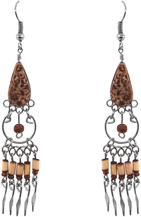 Teardrop Stone Bamboo Hoop Earrings, Boho Gemstone Fringe Dangle Earrings, Handmade Jewelry from Peru
