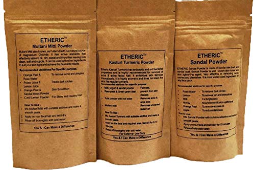 Image of Etheric Glowing Skin Pack (Sandal+Kasturi Turmeric+Multani Mitti (3x75 Grams) For making skin fair, Acne treatment II Wrinkle Removal II Reduce Blemishes (3 X100 Grams)