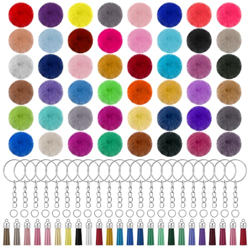 Lyksgir 192 Pcs Colorful Pom Poms Keychain Bulk, Faux Fur Pom Poms Keychain with Tassels and Keyrings, Fluffy Ball Bag Keychains for DIY Handbag, Tote Bags