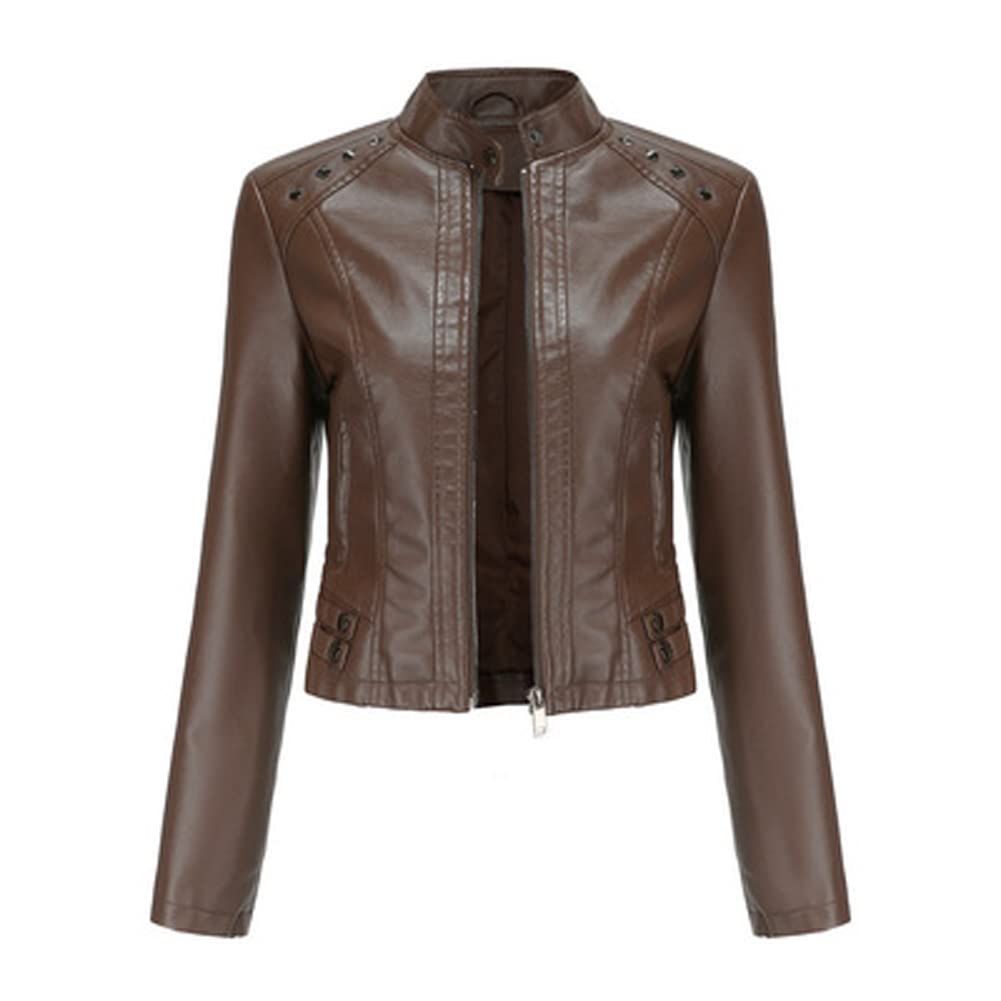 Giacca corta da donna in pelle PU manica lunga top donna sottile stand collare moda giacca. marrone-L
