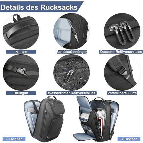 HEROIC KNIGHT Rucksack Herren Groß 30L Laptop Rucksack 17,3 zoll Business Rucksack Reiserucksack mit USB-Anschluss,Flug Genehmigt Bordgepäck Wasserabweisend Kabinenrucksack für Arbeit Business Reise