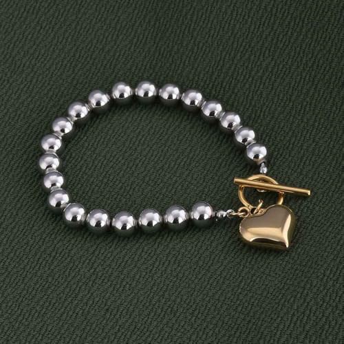 Image of PALMONAS 18k Multi Tone Plated Silver Bead Bracelet with Gold Heart Charm for Womens | Gifts for Girlfriend, Gifts for Women and Girls |