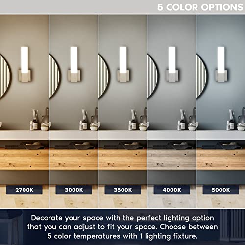 Image of LUXRITE 14 inch Modern LED Wall Sconces Set of Two, Brushed Nickel, Bathroom Vanity Light Fixtures, 5 Color Options 2700K-5000K, CRI 90, 1050 Lumens, Dimmable, Damp Rated, ETL Listed, Square Wall Lamp