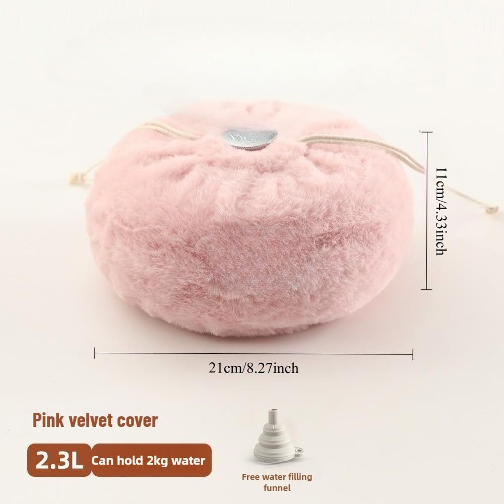Pluszowa termofor z różowym aksamitnym pokrowcem, pojemność 2,3 l, 21 x 11,4 cm