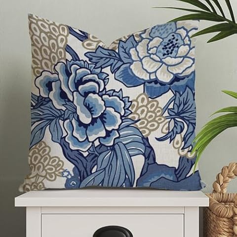 Blue and Tan Chinoiserie Floral Decorative Pillow Cover 18x18 Eurosham or Lumbar Cushion Cover Cover