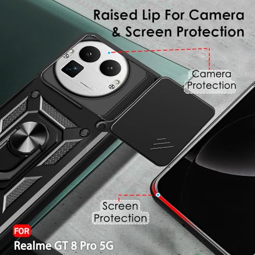 Image of TheGiftKart Tough Armor Bumper Back Cover Case for Realme GT 8 Pro 5G | Rotating Camera Cover, Kickstand & Ring Holder | 360 Degree Protection Back Cover Case for Realme GT 8 Pro 5G (PC & TPU, Black)