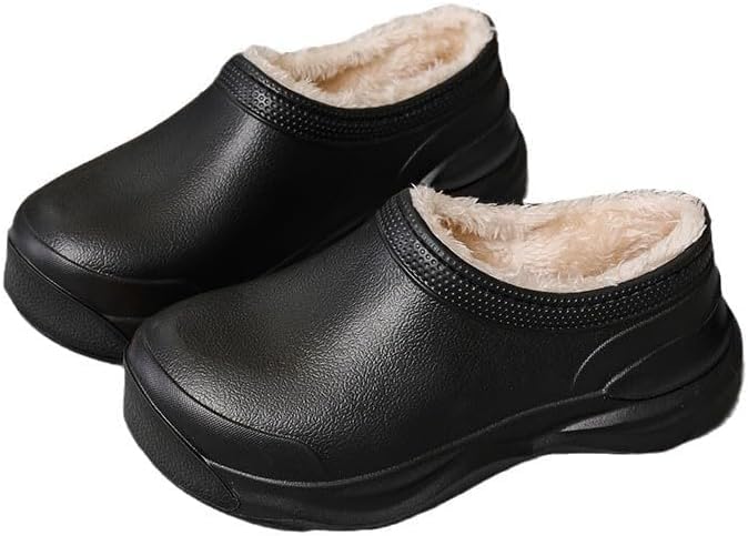 Men's Plush Lined Waterproof Chef Shoes, Anti-Slip, Oil-Resistant, Solid Closed Toe EVA Shoes, Women's Slippers (Black,8)