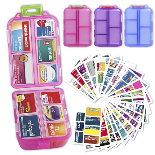 Image of 3 Pack Large Pill Organizers with Medicine Labels, Pink Blue Purple | Set of 3 large pill cases with 3x161 medicine labels for 7-day planning, family use, travel, and separate routines