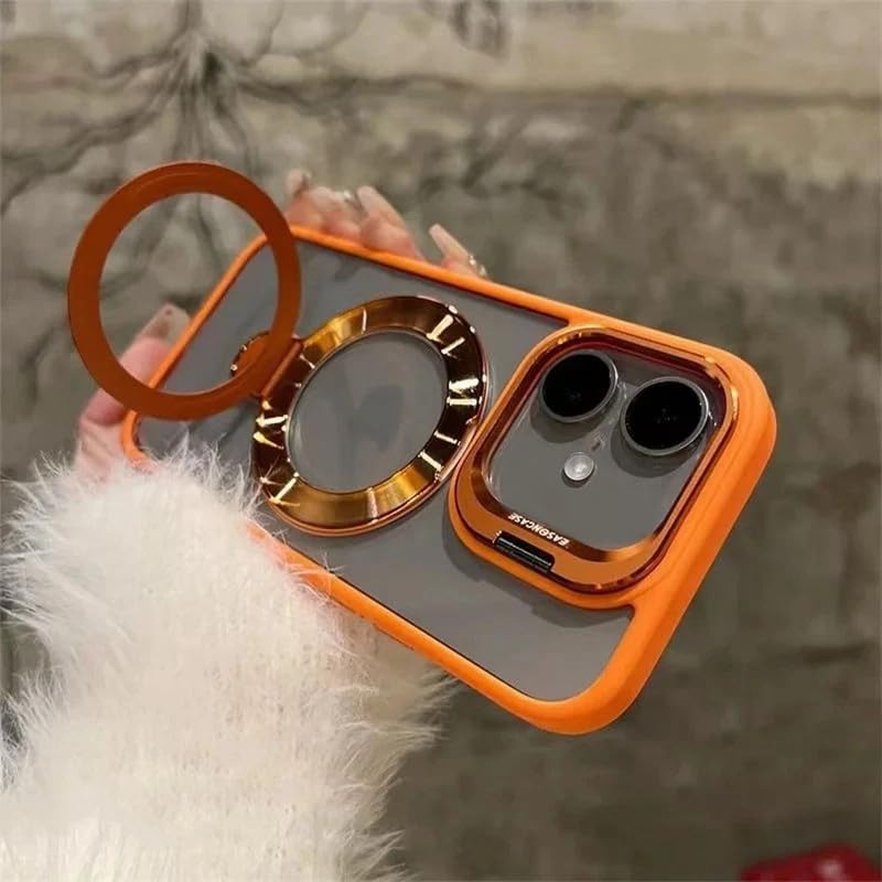 Image of LuxuryKase Magnetic Clear Case for iPhone 16 Plus | Metal Ring Stand | Camera Lens Protector Rings | Shockproof Hard PC Back | MagSafe Compatible | TPU Bumper - Orange