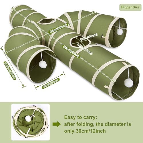 Image of Ownpets Cat Tunnel Large 12 inch Diameter, Cactus-Shaped Cat Tunnel Toy, Sturdy Oxford Fabric Collapsible Cat Tunnels for Indoor Cats, Interactive Peek Hole Pet Tunnel Tube with Cat Wand Toy, Green