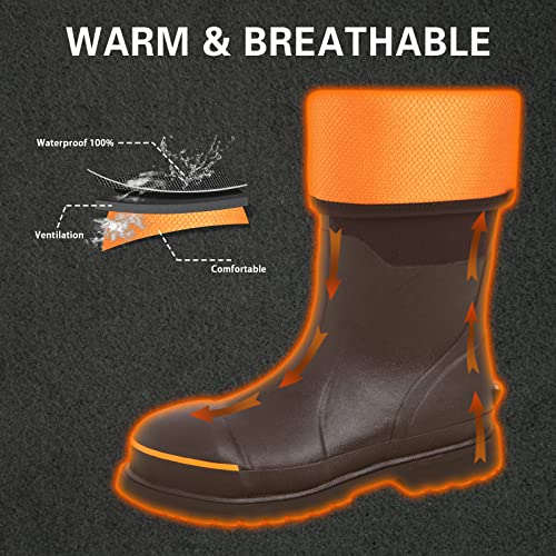 Men's Rubber Work Boots with Steel Toe & Shank, Waterproof & Anti-Slip, 6mm Neoprene, Durable Brown Rubber Boot for Construction, Farming, Manufacturing, Sizes 7-144