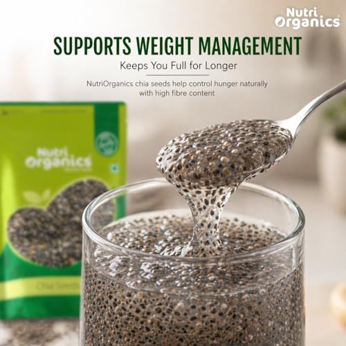Image of NutriOrganics Raw Unroasted Chia Seeds for Eating with Omega 3 and Fiber for Weight Loss Management - 200 Gram