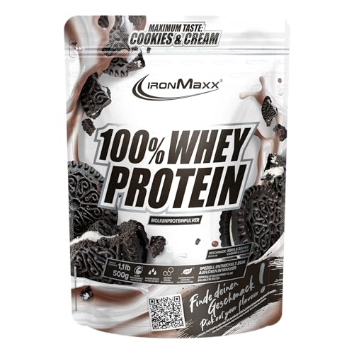 IronMaxx 100% Whey Protein Pulver 500g - Cookies und Cream | Cremiger Eiweißshake mit BCAAs & EAAs | High Protein, Low Carb & zuckerarm | Ideal für Muskelaufbau & Fitness Design kann variieren
