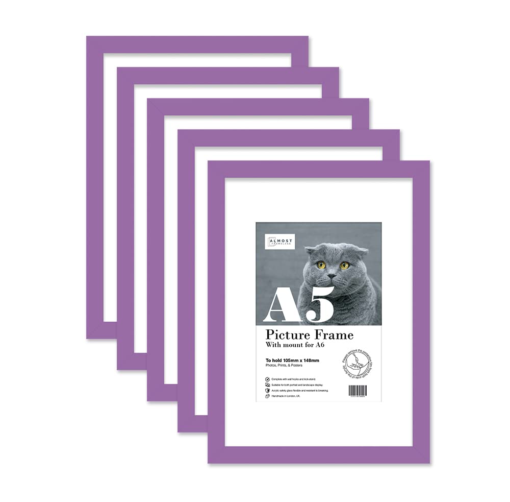 Almost Frameless A5 Purple Picture Frame Set of 5, Display A6 Pictures with Mount or A5 Without Mount Gallery Wall, Poster, Photo, Artwork, or Print, Purple — image 1