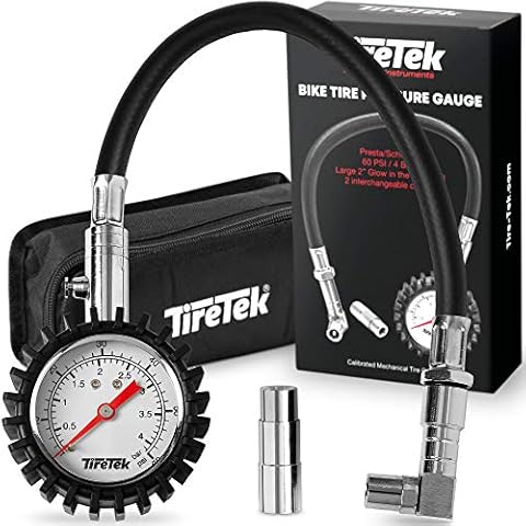 TIRETEK Tire Pressure Gauge for Cars 60 PSI - Presta Valve, Schrader Valve & Storage Pouch, Tire Gauges for Tire Pressure with Glow Dial, Air Pressure Gauge for Motorcycle, Mountain Bike & Bicycles Cover