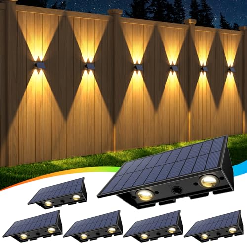 Solar Fence Lights,6Pack Solar Lights Outdoor Warm White + RGB Up & Down Waterproof 100 Lumens Dusk...