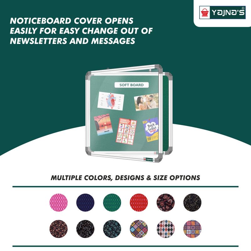 Image of YAJNAS 4X4 Feet Premium Material Green Designed Notice Board with Acrylic Door /Soft Board /Bulletin Board /Pin-up Display Board for Study Room, Office, School & Home Use