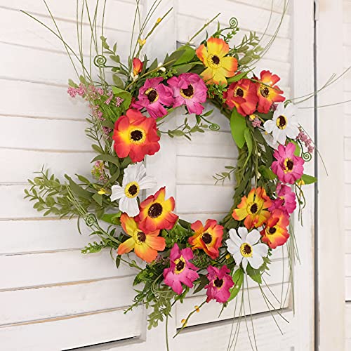 Idyllic Red & Yellow & White Flower Door Wreath With Green Leaves thumb #7