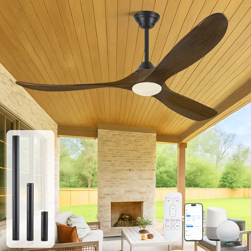 52 Inch Outdoor Ceiling Fans for Patios with Lights, Wood Rustic Farmhouse Smart Ceiling Fan with Remote/APP/Alexa Control, High CFM Damp Rated Exterior Ceiling Fan for Porch Gazebo Garage Deck
