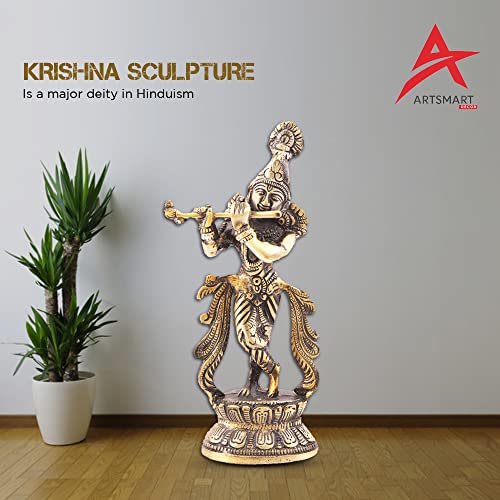 Image of ARTSMART Lord Krishna Idol Statue Flute Playing Krishan Krishna Idols Decorative Showpiece Figurine for Pooja Room Gift (Brass Antique)
