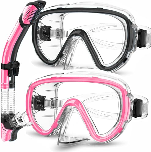 2-Pack equipo de snorkel para adultos | Máscara de snorkel mejorada anti-vaho y anti-fugas | Snorkel seco sin respirar agua | Visión panorámica de 180° con bolsas de secado rápido
