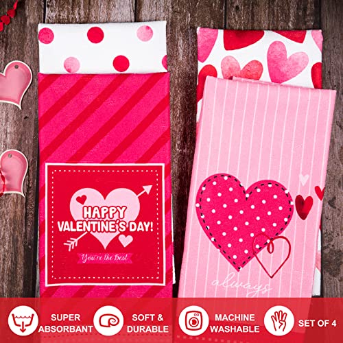 Whaline Valentine's Day Kitchen Towel Pink Heart Dot Stripe Dishcloth 28 X 18 Large Tea Towel Decorative Holiday Cloth Towel For Valentine's Day Wedding Kitchen Cooking Baking, 4 Pack #TOP2