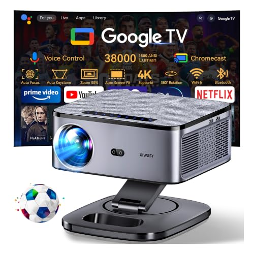 【1500 ANSI/Google TV/Auto Focus】 XIWBSY Videoprojecteur 4K Supporté, 38000 Lumen FHD, 360° Rotation, Projecteur Video 4K Contrôle Vocal, Retroprojecteur WiFi6 Bluetooth 5.3