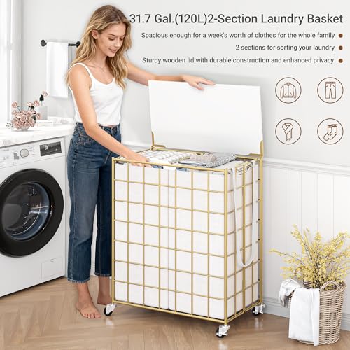 DXIGUSO Laundry Basket with Wheels, Heavy Duty Laundry Sorter 2 Sections, 120L (32Gal.) Large Capacity Hamper with Wood Lid, 360 Rolling Wheels, Extra Side Pocket, Leather Pull Handle, Golden+Beige by Dxiguso - Used condition - Image 6
