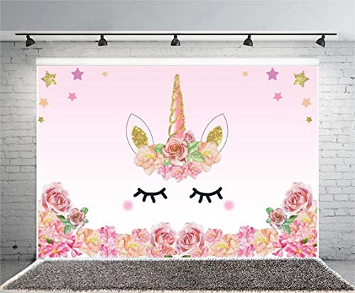 Laeacco 7x5FT Pink Unicorn Backdrop Unicorn Birthday Party Photography Background Roses Flowers Edge Pattern Sweet Cute Gold Star Girls Birthday Baby Shower Ifant Toddlers Photo Backdrop Studio Props