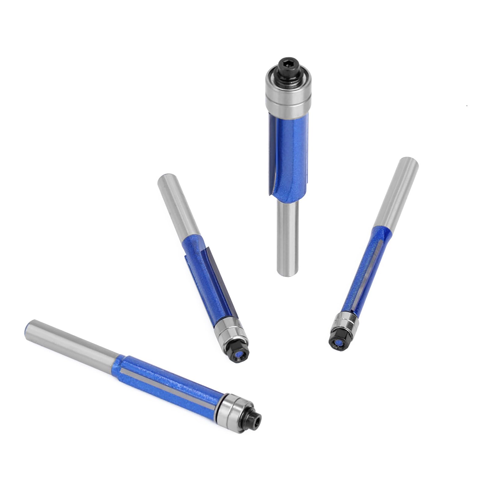 4 fresas de enrasado, fresa azul, vástago de 1/4 pulgadas, fresa de enrasado, fresa para copiar bordes con rodamiento de bolas, fresa de ranura, juego de fresa para carpintería para madera
