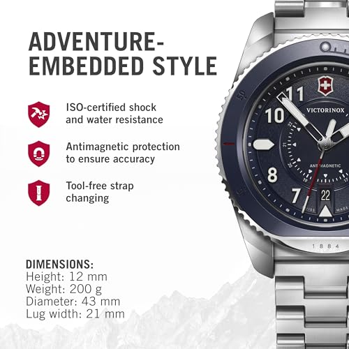 Victorinox Journey 1884 Quartz, Swiss Made Men's Analog Watch, Blue Dial, 43 Mm, Water Resistant Up To 200 M, Stainless Steel Case, Wrist Watch For Men | 241978,Silver Band - Image 2