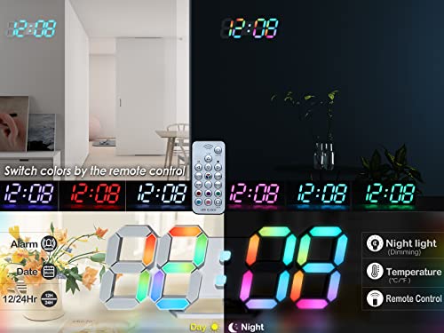 Kosumosu Wall Clock Neon Digital Clock 3D Led Desk Clock Large Display 9.7" Rgb Clock Aesthetic Alarm Clock For Bedroom Living Room, Colorful,Remote Control,Brightness Adjustable, Date/Temperature #TOP1