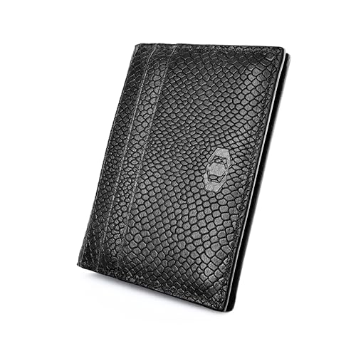 ColdFire Snake Eye Slim Leather Credit Card Holder - 10 Cards and ID Slots - RFID Blocking - Multi-Compartment Design - Snakeskin Pattern (Black Edges)