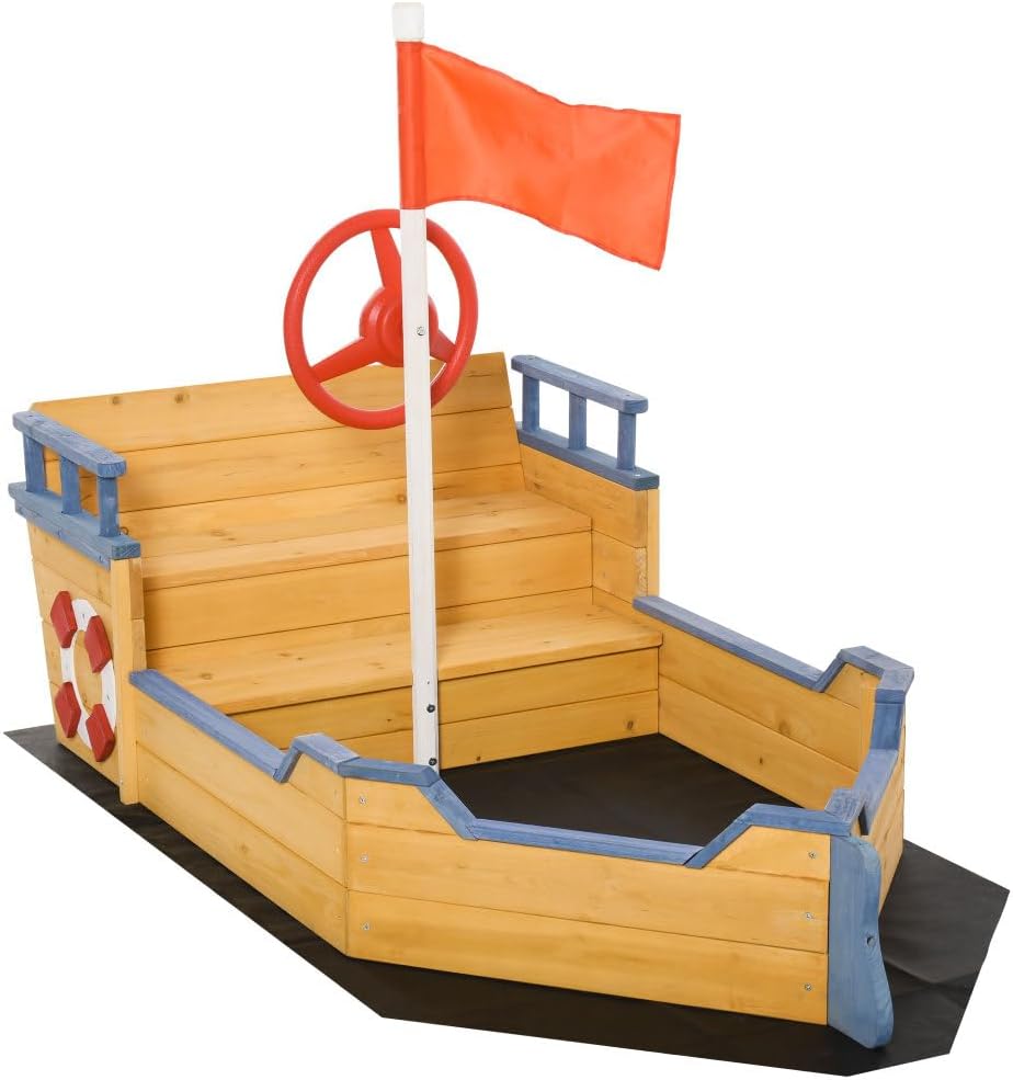 Wooden Kids Pirate Ship Sandbox with Storage Bench and Non-Woven Liner for Outdoor Backyard Play Area
