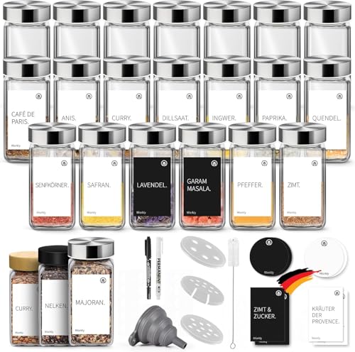 Miorkly Pot a Epices en Verre, Bouchon Inox Epices Bocaux Epices 120ML, 24 Epices Pots Rangement, Avec Etiquette Epices, Entonnoir, Stylo, Embout Multi-Type...