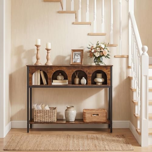 Image of HOOBRO Narrow Console Table, Entryway Table with 3-Tier Storage, Sofa Table, Behind Couch Table with Arched Design for Living Room, Entrance, Hallway, Rustic Brown and Black BF106XG01