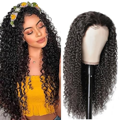 AiPliantfis Parrucca Donna Capelli Veri Human Hair Wig Curly Wave Glueless Wig Capelli Umani Natural Black 4x1 Lace Natural Hairline with Baby Hair Minimal Smell 26 Pollici
