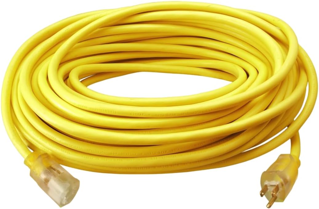 Southwire 2588SW0002 Outdoor Cord-12/3 SJTW Heavy Duty 3 Prong Extension Cord-for Commercial Use (50', Yellow), 50 Feet