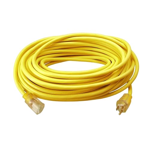 Southwire Outdoor Extension Cord – Durable Vinyl Jacket for For Farm, Ranch & Workshop - Lighted End With Reinforced Blades - SJTW, Yellow - 12 Gauge, 3 Prong - 50 Feet