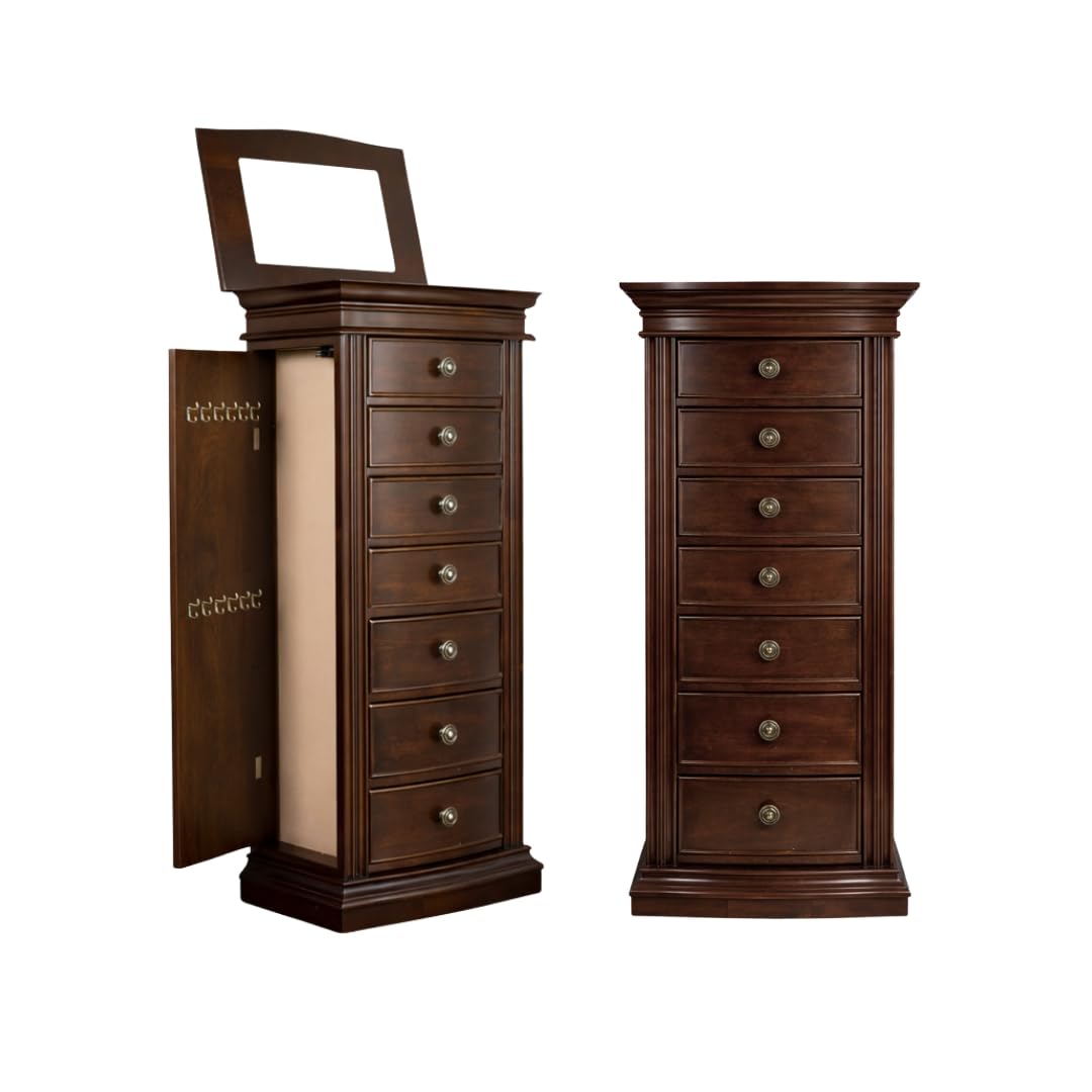 Luke Standing Jewelry Armoire - Large 7-Drawer Wooden Organizer with Mirror, Side Doors, and Anti-Tarnish Lining