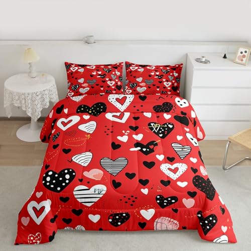 Image of Erosebridal Love Heart Full Comforter Set Red Heart Shaped Bedding Set for Kids Girls Romantic Valentine Theme Comforter Geometric Stripes Quilt