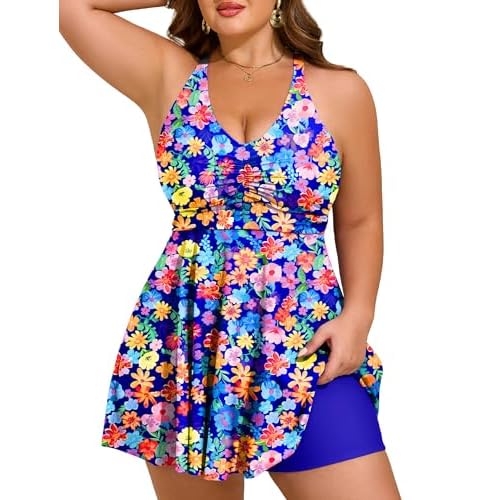 HUSKARY Plus Size Tankini Swimsuits for Women Tummy Control V Neck Hide Belly Bathing Suits Two Piece with Swim Shorts 12 Plus Black