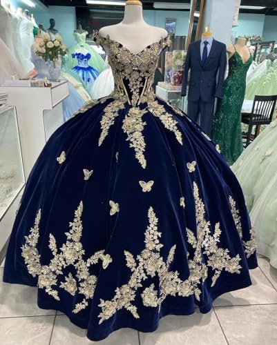 Mauuwy 2024 Velvet Quinceanera Dresses with Gold 3D Floral Butterflies Lace Off The Shoulder Sweet 16 Prom Dresses YMX1654