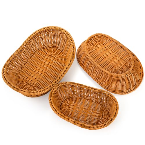 Yarlung 3 Pack Poly-Wicker Woven Breads Serving Baskets, Stackable Imitation Rattan Fruit Baskets for Food Display, Vegetables, Home, Kitchen, Restaurant, Outdoor, Brown, Oval, 3 Size - Image 3
