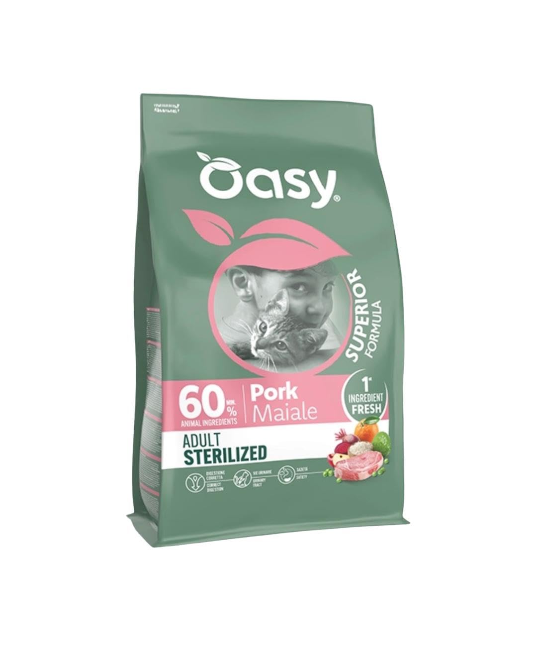 Oasy Gato adulto esterilizado cerdo 1,5 kg, alimento seco para gatos adultos de todas las tallas y razas, pienso de 1,5 kg