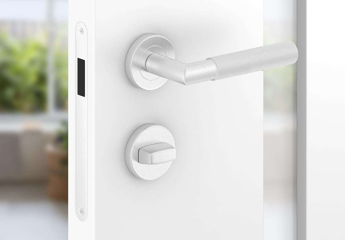 ERGO line BAUHAUS Poignée de porte d'intérieur, acier inoxydable, pour les portes de salle de bains, paire de poignées de porte sur rosaces rondes, garnitures de porte, poignée