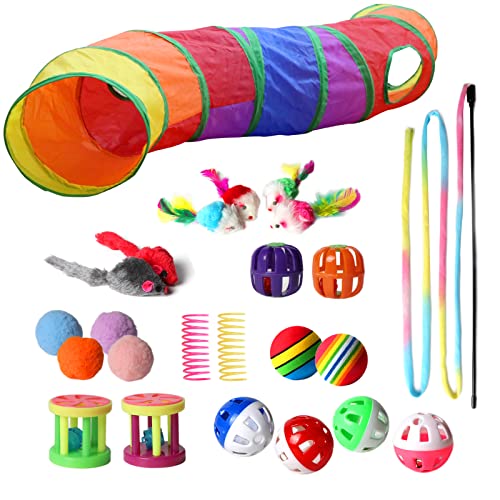 M Jjypet Cat Toys Kitten Toys Assortments(24Packs),Collapsible Rainbow Cat Tunnels For Indoor Cats, Cat Toys Ball, Bells, Interactive Cat Feather Teaser Toy,Fluffy Mouse, Spring Toy Set #TOP14